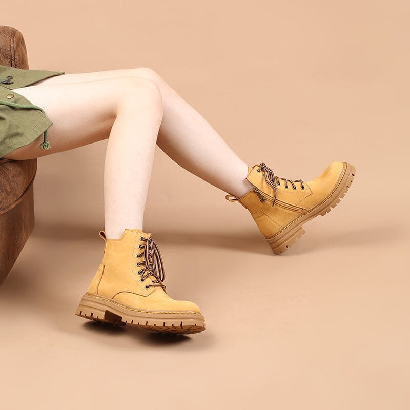 Women's Handmade High Lace-up Boot in Nubuck Calfskin Waterproof in Yellow Platform