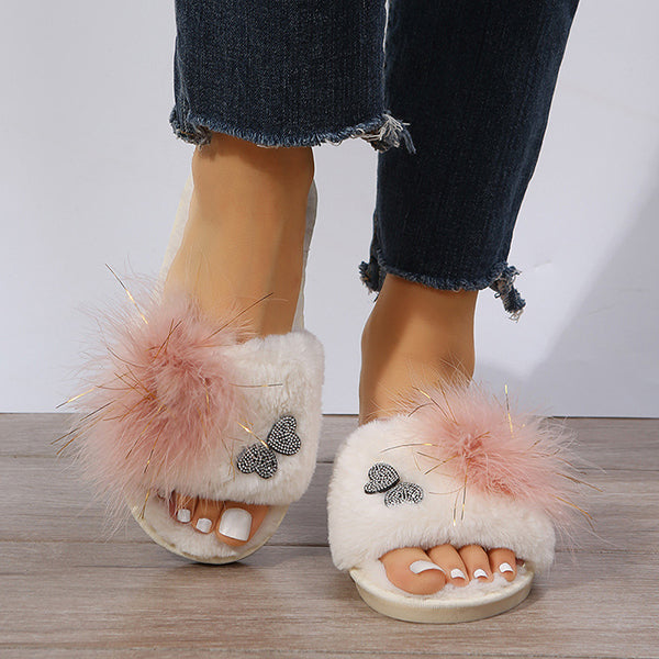 Rhinestone Embrellished Fluffy Flat Slippers