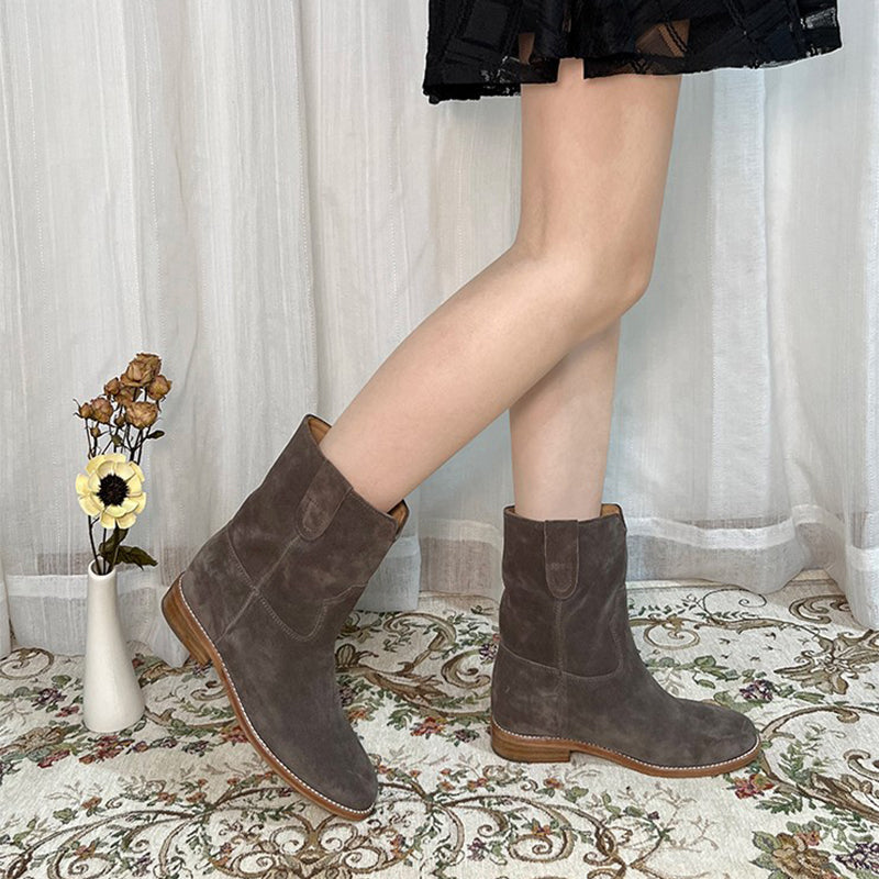 Womens Suede Leather Mid Calf Western Cowboy Boots In Black/Khaki/Brown/Grey