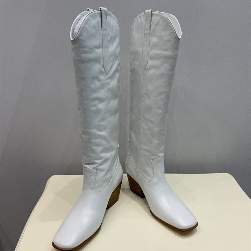 Cowboy Boots Women Handmade Genuine Leather in Black/Beige - HIGH WESTERN BOOTS Side Zipper