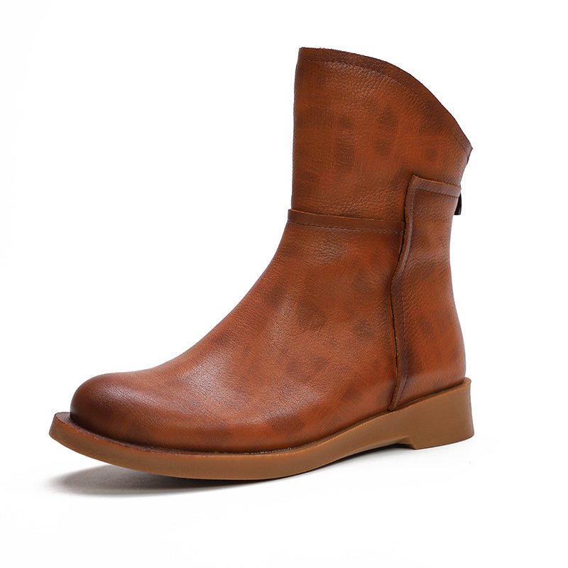 Retro Cowhide Boots Women Comfy Back Zip Walking Boots Brown/Black/Grey