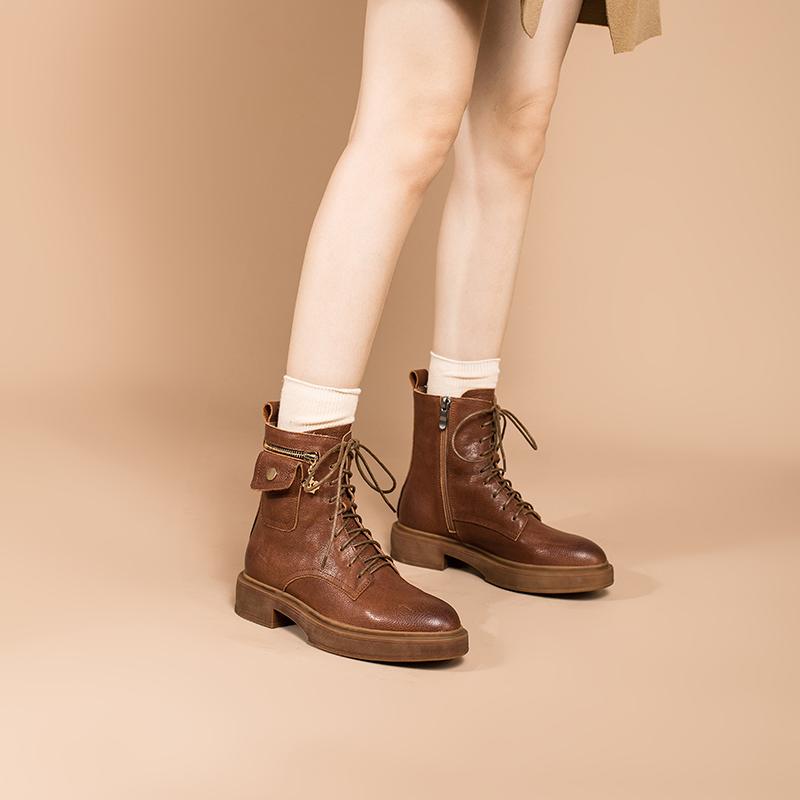 Fashion Full Grain Leather Combat Boots Designer Retro Chunky Riding Boots Side Zip Pocket Decoration Brown/Black