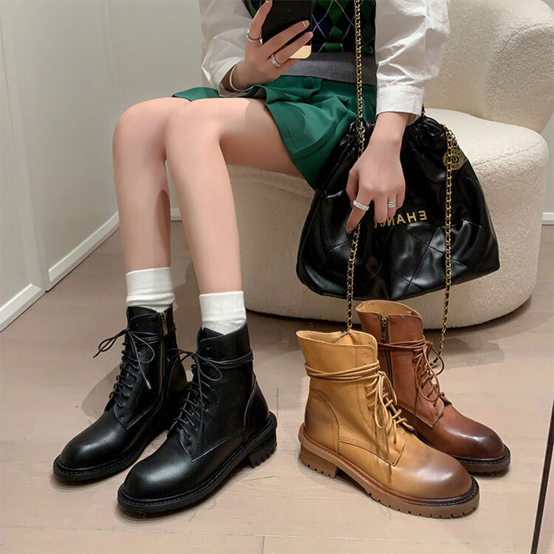 Cow Leather Combat Boots Designer Retro Chunky Lace up Boots Back Zip Brown/Black