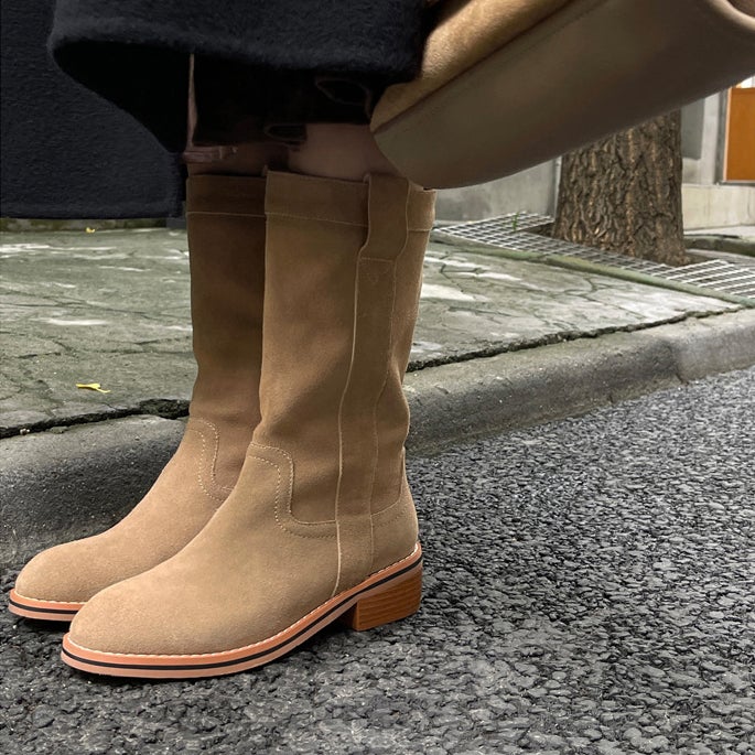 Womens Suede Leather Mid Calf Boots In Black/Khaki