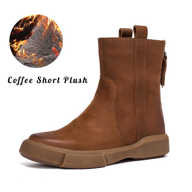 Waxing Leather Chelsea Boots Handmade British Boots Back Zip Black/Coffee/Black Short Plush/Coffee Short Plush
