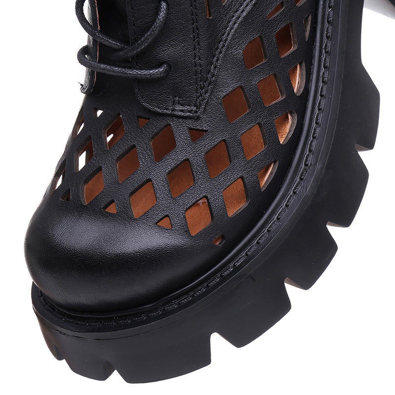 Handmade Genuine Leather Hollow Out Boots Women Summer Boots Side Zipper Chunky Heels Black/Brown