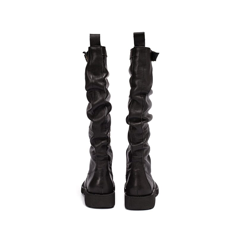 Waxing Leather Knee High Boots Fold Design Riding Boots Buckle Boots in Black/Brown