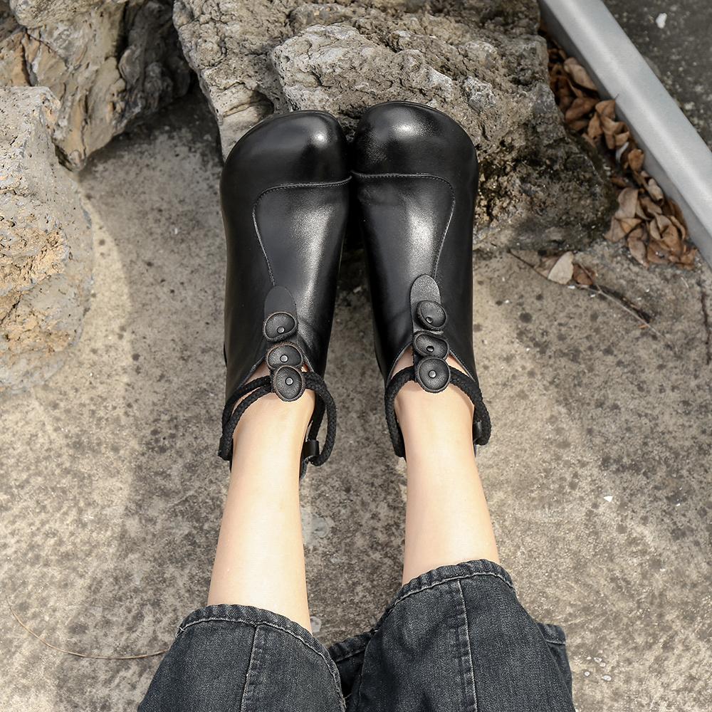Retro Round Toe Women Ankle Boots Block Heels Back Zipper Coffee/Black