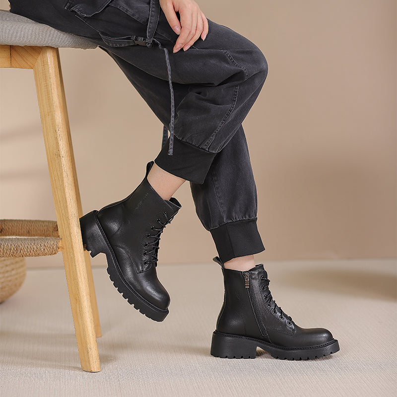 Winter Boots Handmade Genuine Leather Lace-Up Combat Boots Retro Chunky Platform Black
