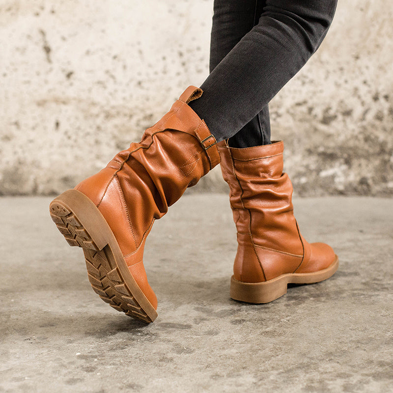Soft Leather Mid Calf Boots Fold Design Riding Boots Short Plush Lined For Winter