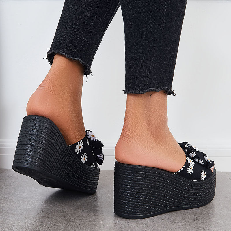 Platform Wedge Sandals Bowknot Slides Casual Open Toe Slip on Dress Slippers