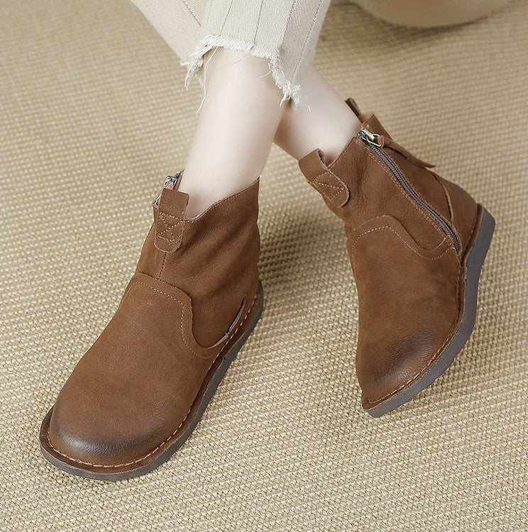 Retro Cowhide Boots Women Comfy Zip Walking Boots Brown/Coffee