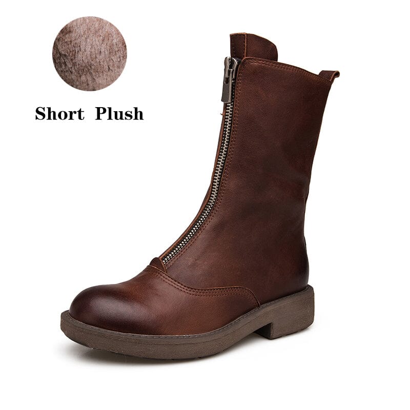 Comfortable Leather Ankle Boots Walking Round Boots Up Zip in Brown/Black