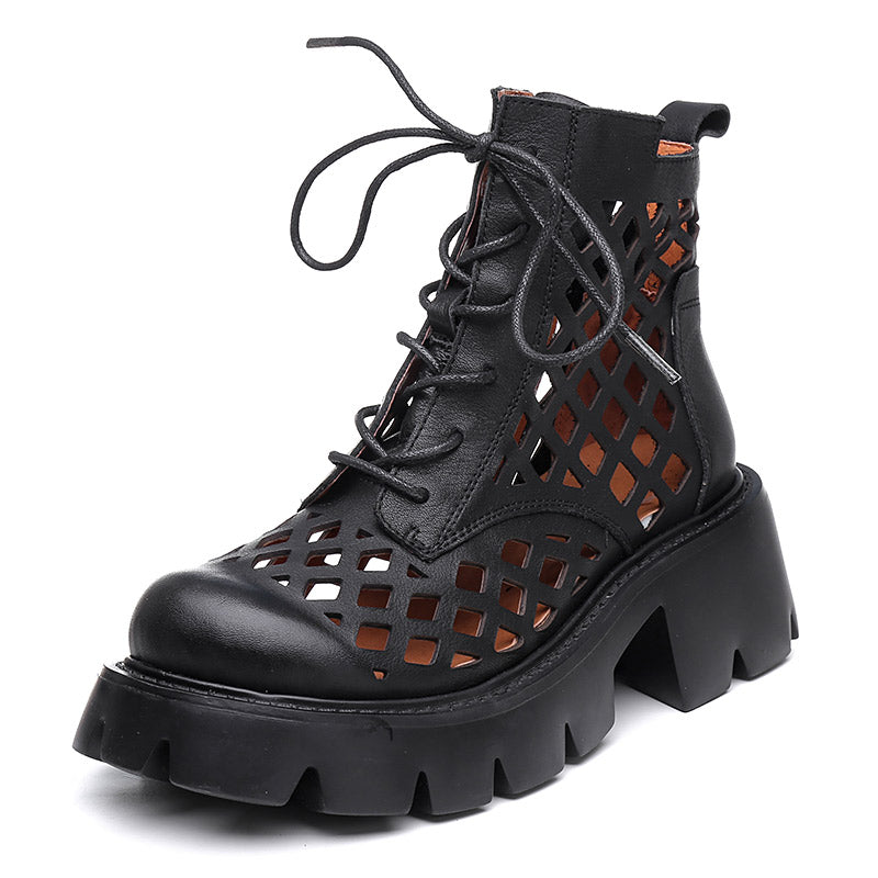 Handmade Genuine Leather Hollow Out Boots Women Summer Boots Side Zipper Chunky Heels Black/Brown