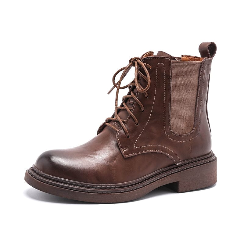 Handmade Boots Women Leather Lace-Up Oxfords Round Toe Chunky Ankle Booties