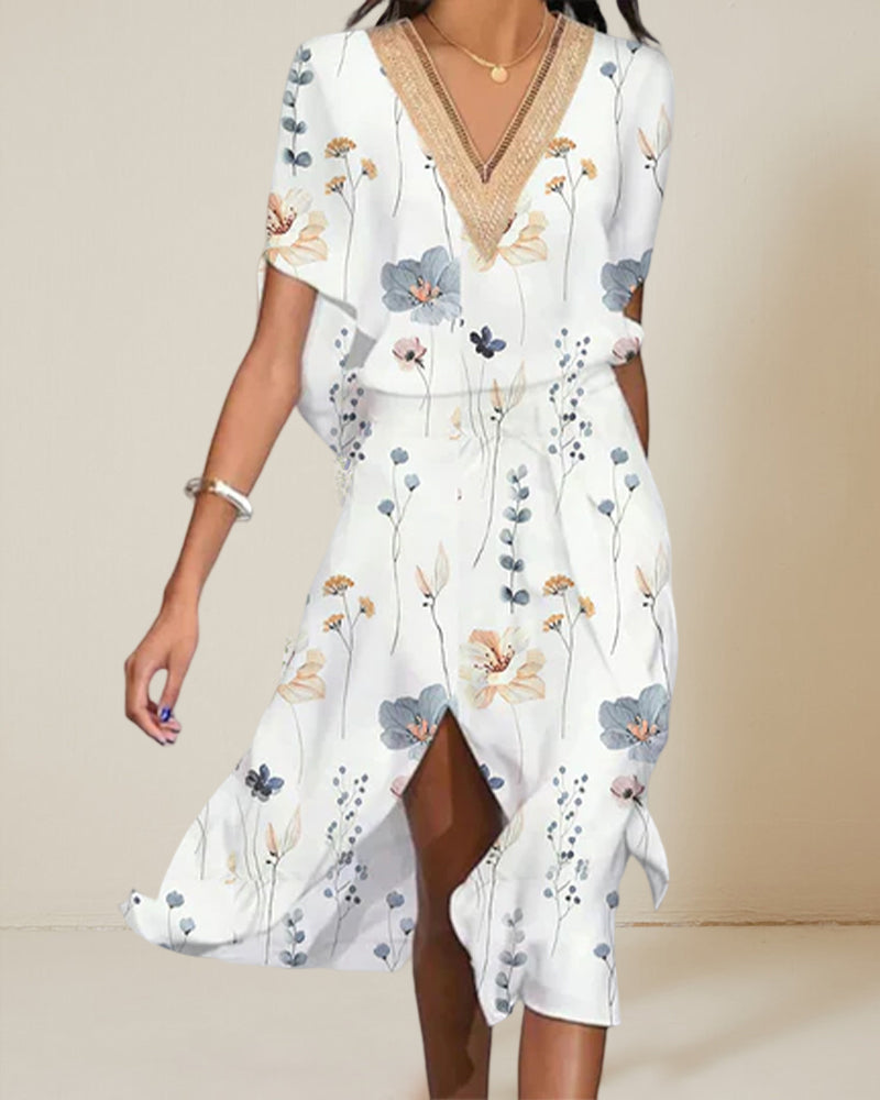 V-neck slit print dress