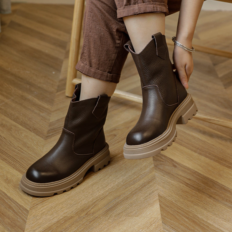 Cowhide Boots Women Comfy Zip Walking Boots Brown/Black/Coffee