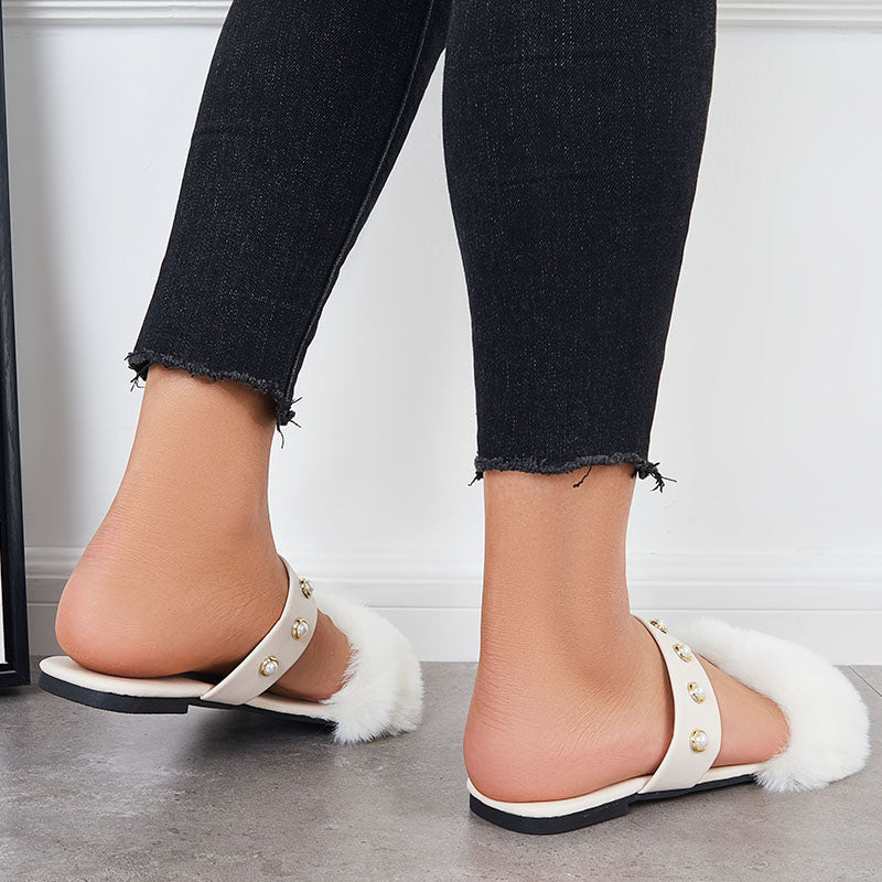 Summer Faux Fur Slippers Slide Sandals Square Toe Flats Shoes
