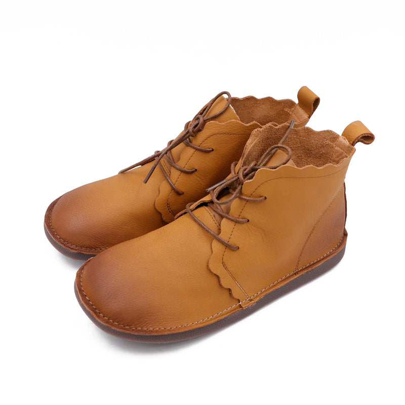 Women's Leather Booties Round Toe Lace-Up Flat Ankle Boots Handmade in Brown/Coffee