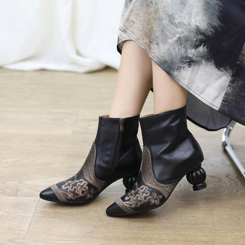 Women's Leather Embroidery Retro Short Boots Side Zipper In Black/Grey