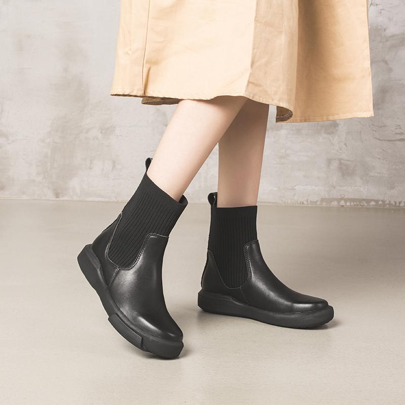 Waxing Leather Chelsea Boots Handmade British Sock Boots Black/Black Short Plush