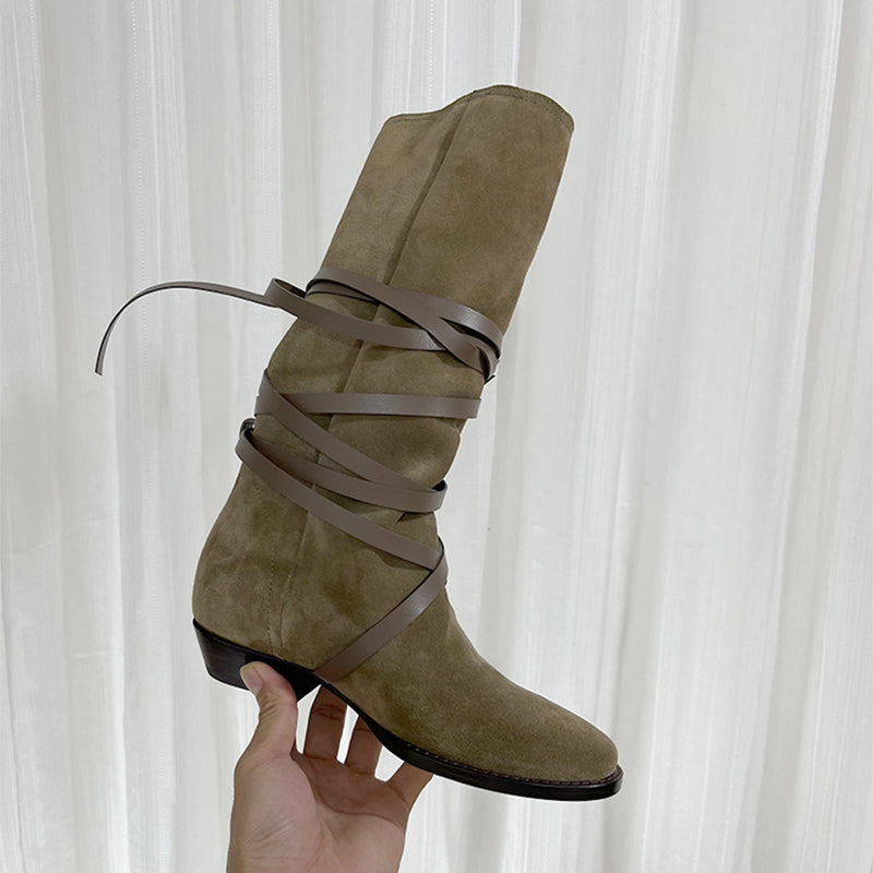 Womens Leather Mid Calf Western Boots In Khaki - Slouchy Suede Boots Round Toe