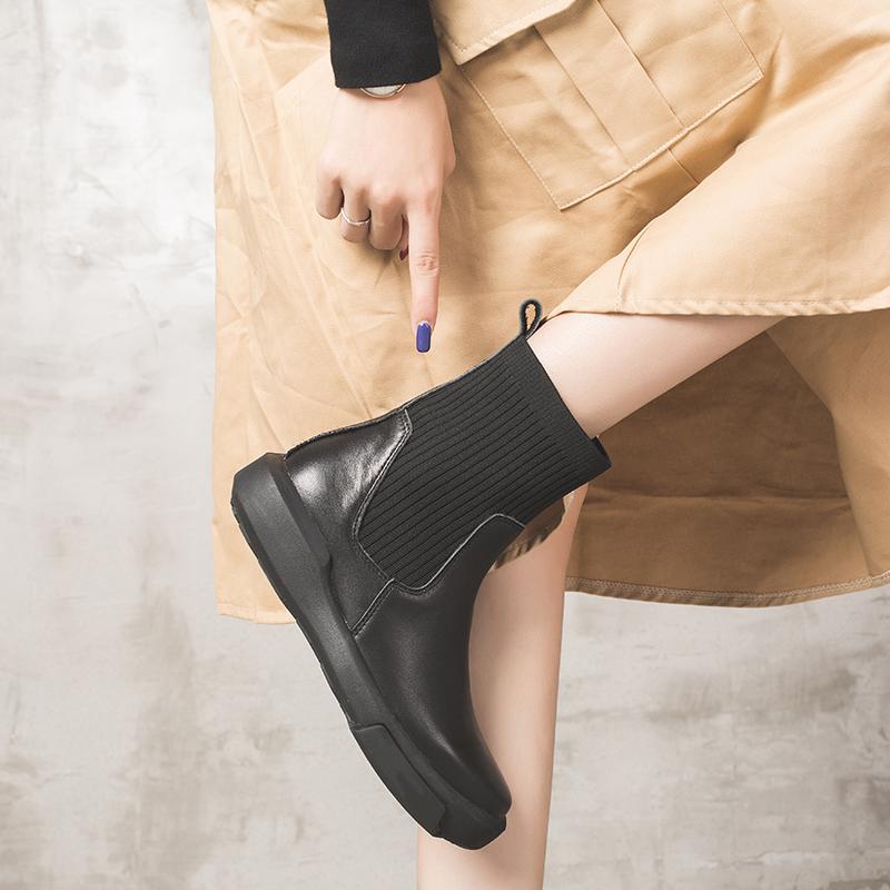 Waxing Leather Chelsea Boots Handmade British Sock Boots Black/Black Short Plush