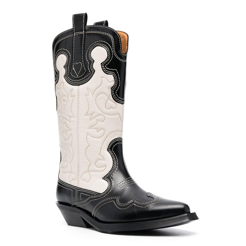 Womens Western Boots Mid Calf Embroidery Leather- Black/Brown/Red Roper Cowgirl Boots
