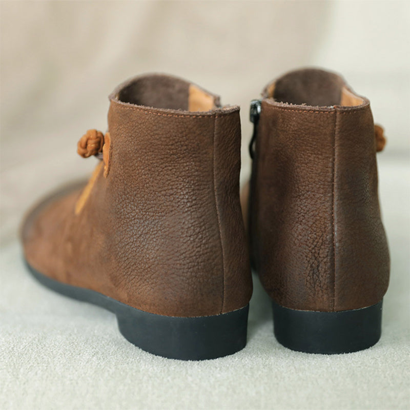 Women Calf Leather Ankle Boots Round Toe Flat Lace-Up Boots White/Brown/Coffee