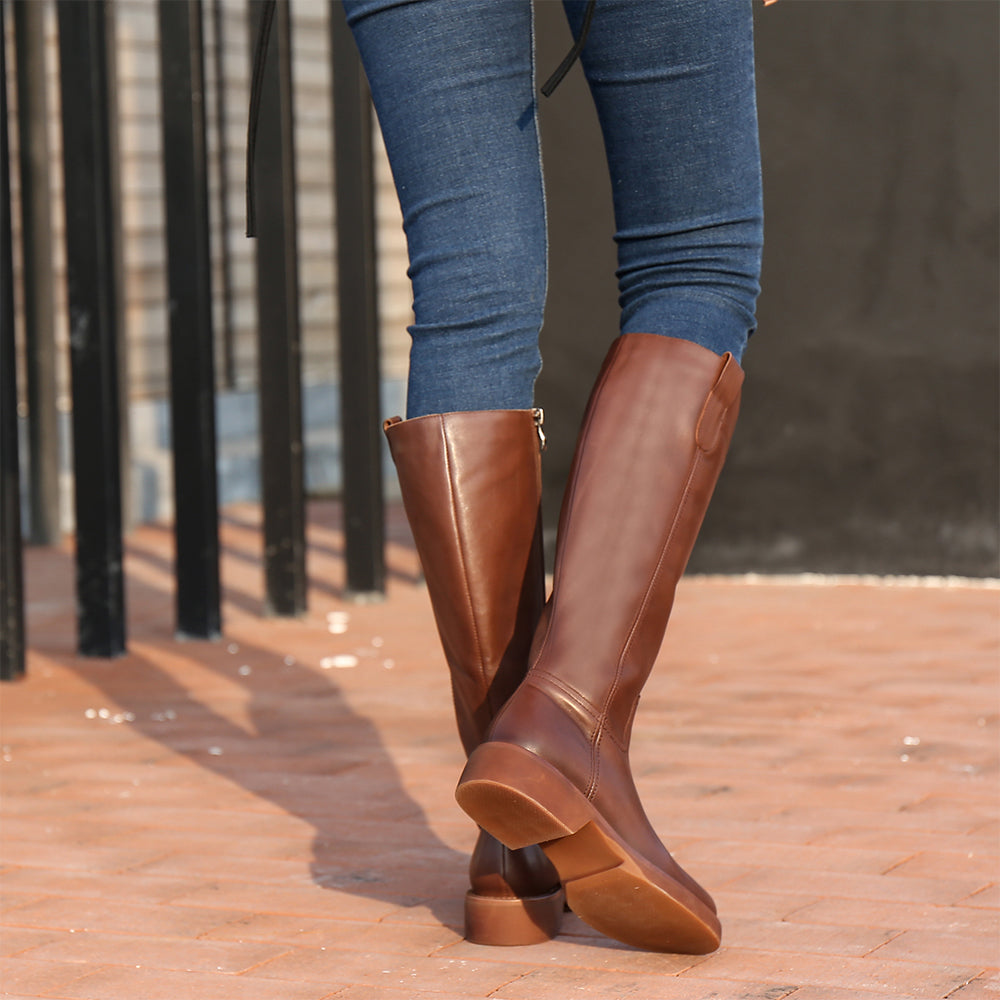 Handmade Soft Leather Knee High Boots Side Zip Riding Boots Short Plush Lining in Black/Brown