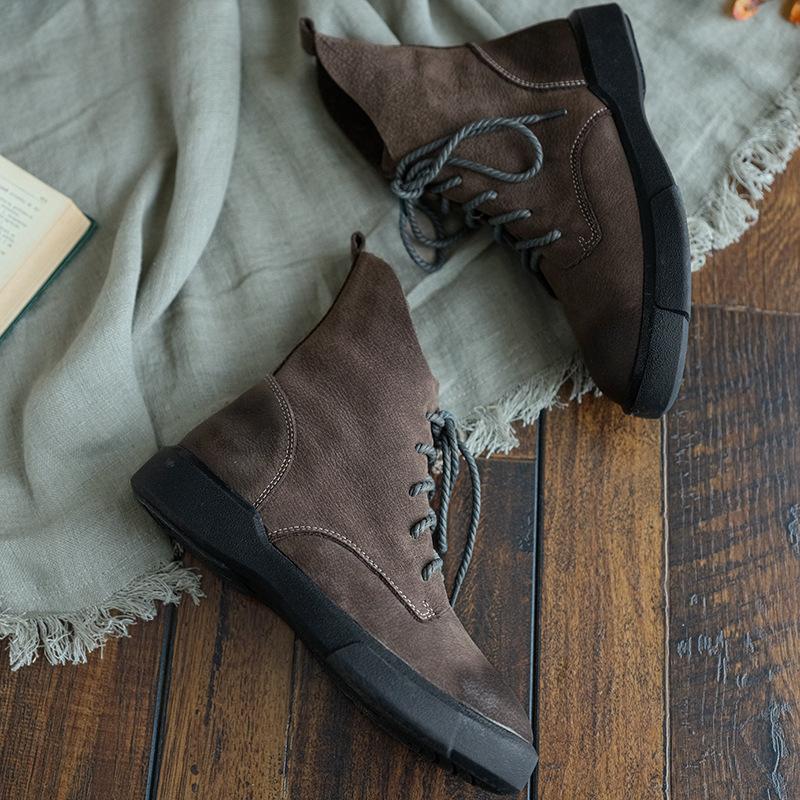 Handmade Genuine Leather Biker Boots Lace-Up Combat Boots Retro Chunky Ankle Boots 2020 Winter Boots Khaki/Dark Grey