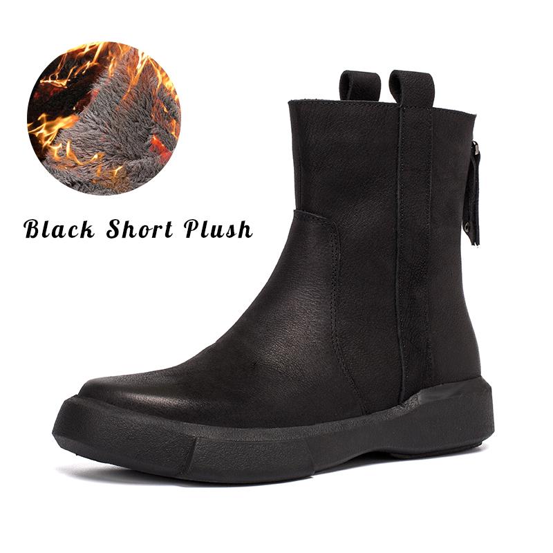 Waxing Leather Chelsea Boots Handmade British Boots Back Zip Black/Coffee/Black Short Plush/Coffee Short Plush