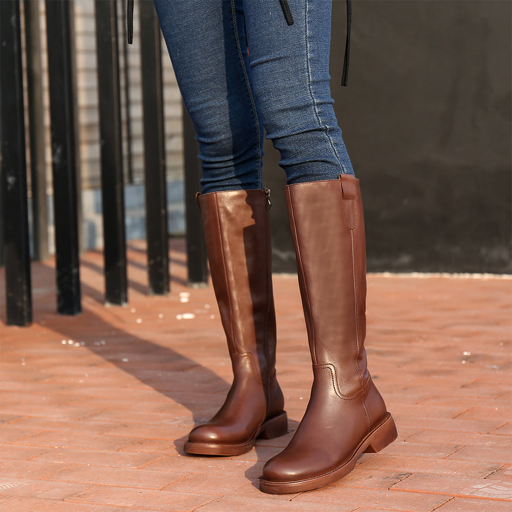 Handmade Soft Leather Knee High Boots Side Zip Riding Boots Short Plush Lining in Black/Brown