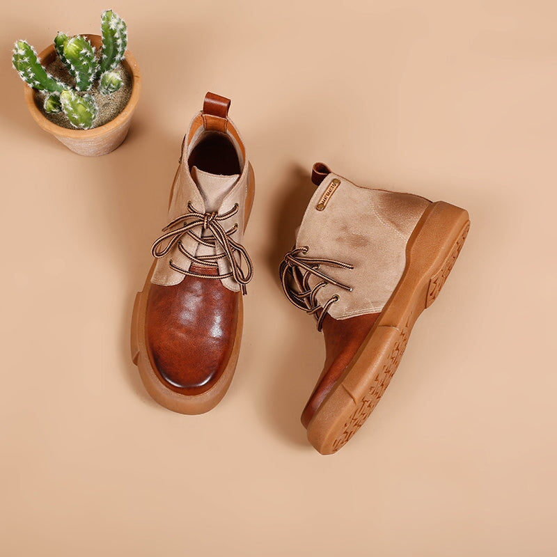 Womens Boots Lace Up Vegetable Tanned Leather Ankle Boots in Coffee/Coffee Short Plush
