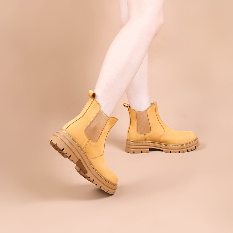Women's Handmade Chelsea Boot in Nubuck Calfskin Waterproof in Yellow Platform