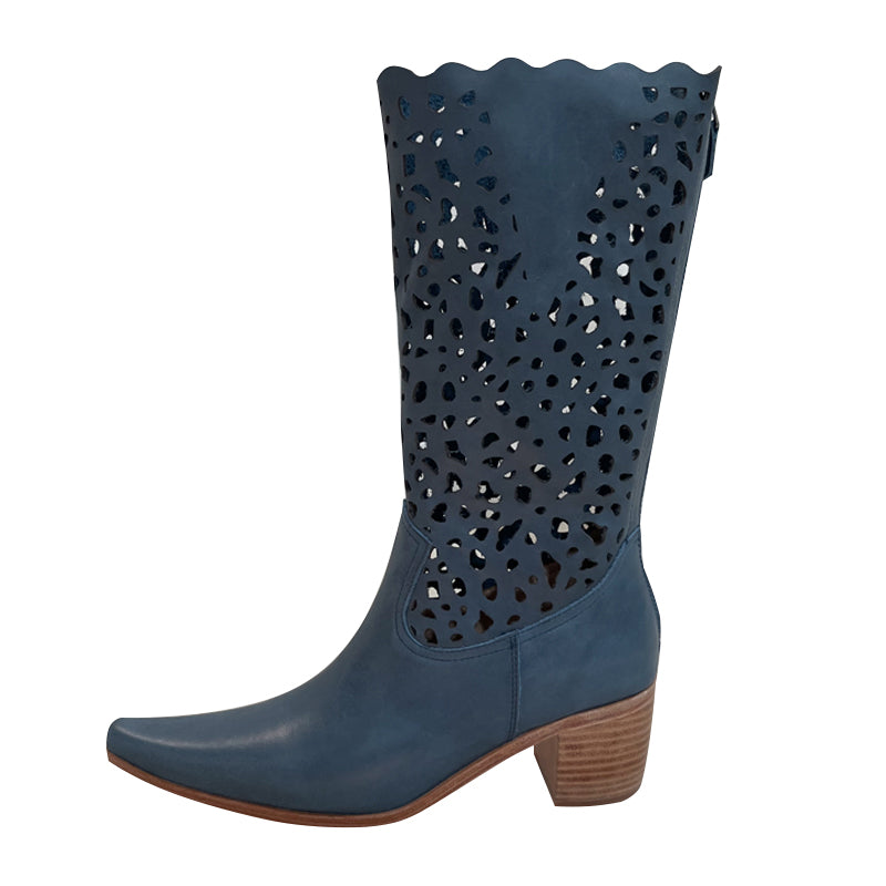 Womens Western Boots Block Heel - Blue Cowgirl Boots All Genuine Leather
