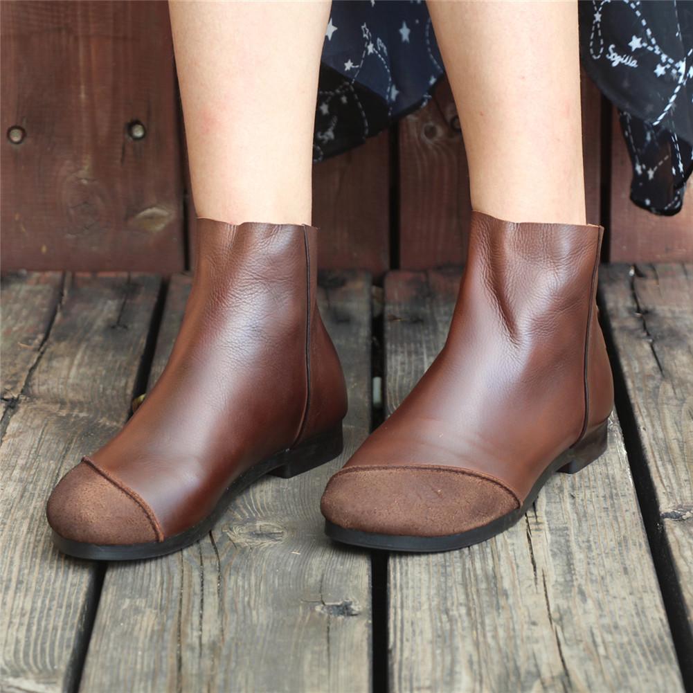 Women Handmade Soft Leather Flats Loafers Boots Color Blocking Ankle Boots Original Design Coffee/Black