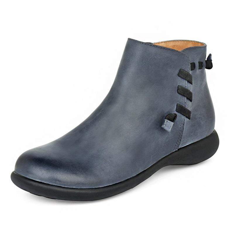 Women Retro Leather Short Boots for Winter Round Toe Ankle Boots Black/Blue