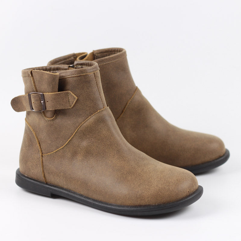 Handmade Leather Ankle Boots For Women Soft Retro Round Toe Short Plush Lining For Cold Winter Grey