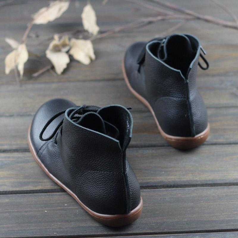 Leather Women Ankle Booties Lace-Up Casual Shoes Flats