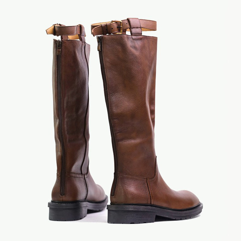Riding Boots for Women In Black/Brown Leather Round Toe- Embellished Leather Boots