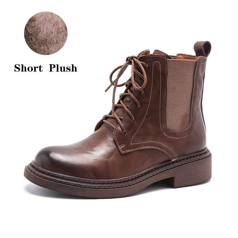 Handmade Boots Women Leather Lace-Up Oxfords Round Toe Chunky Ankle Booties