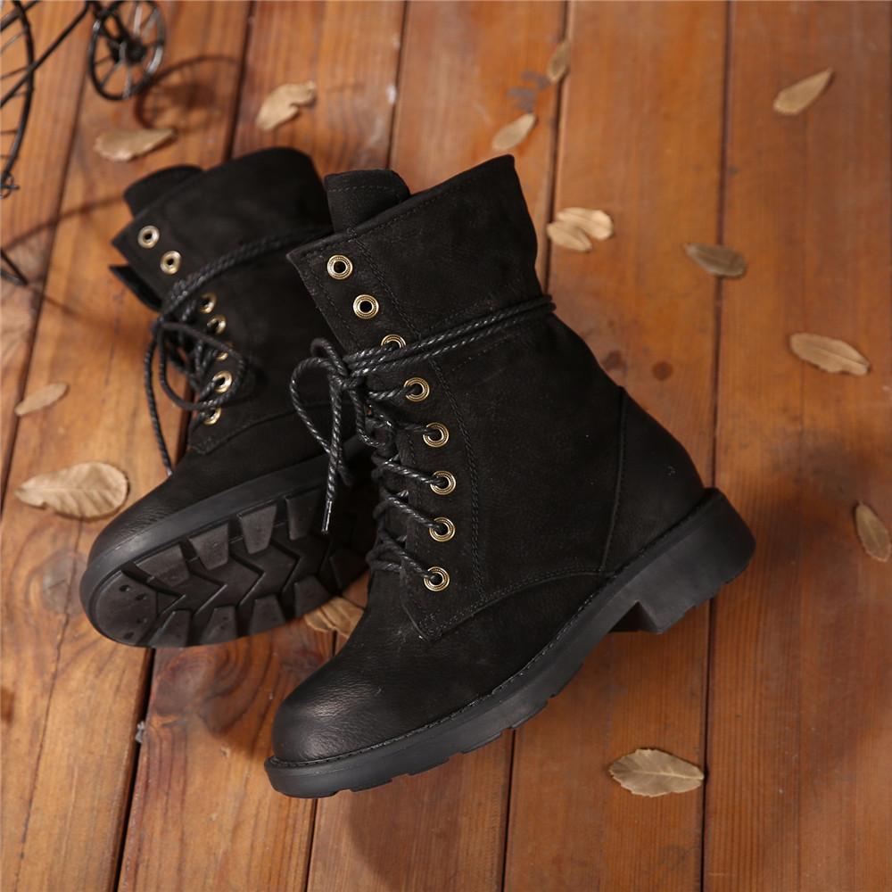 Women Retro Leather Lace Up Combat Boots Black/Brown/Khaki