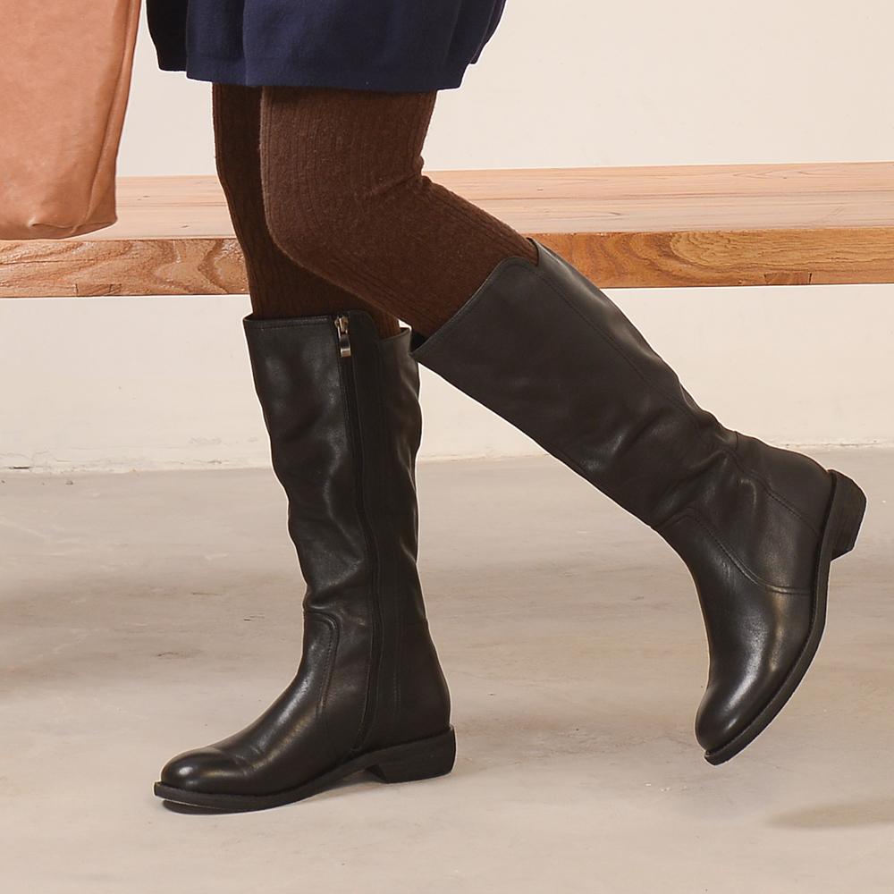 Wide Fit Handmade Soft Leather Knee High Boots Side Zip Riding Boots Black Short Plush