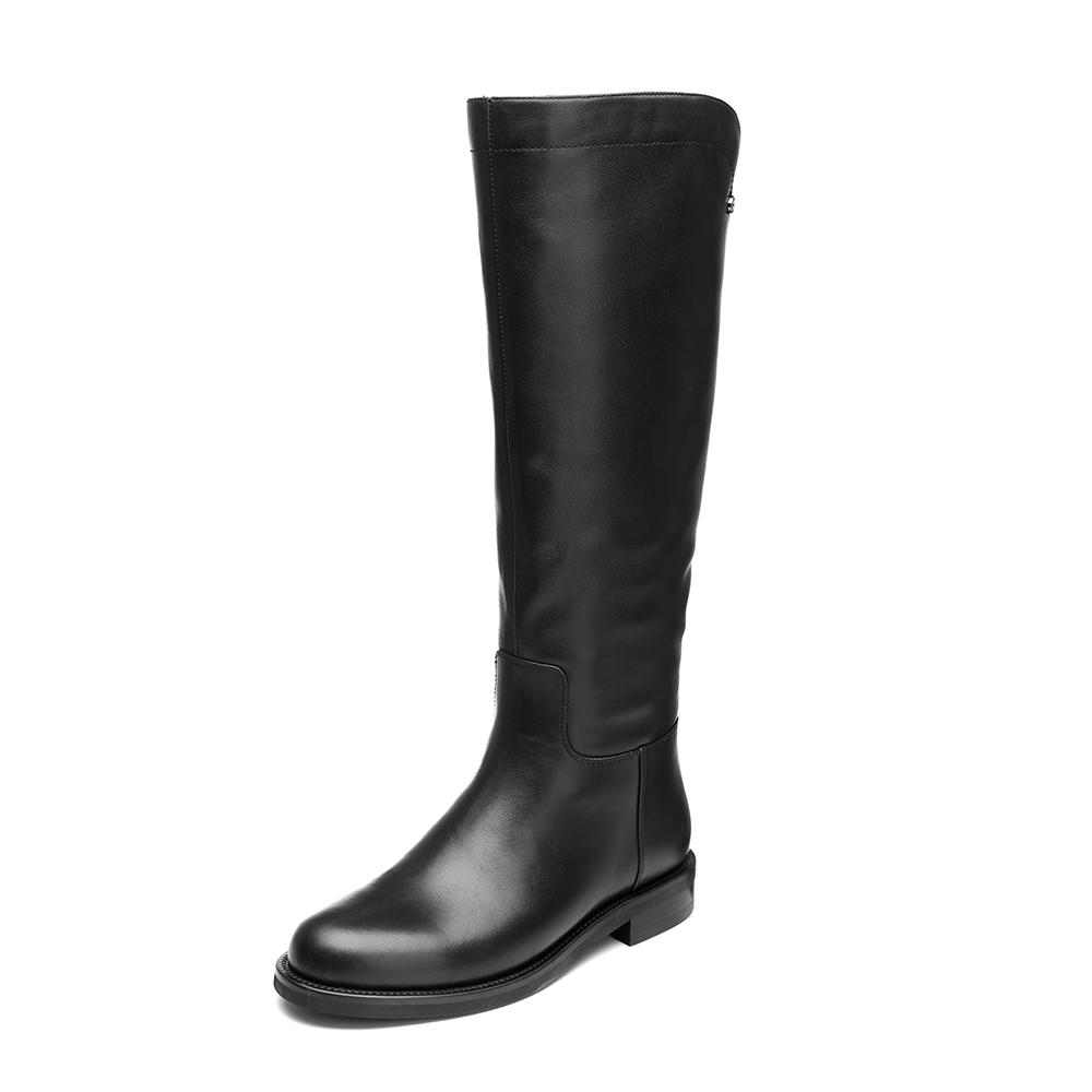 Handmade Soft Leather Knee High Boots Side Zip Riding Boots Black Short Plush