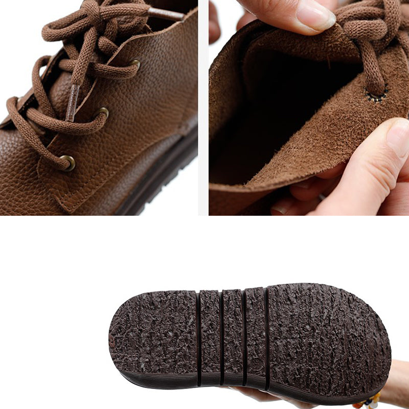 Handmade Brown Retro Leather Oxford Shoes for Women Flat Ankle Boots Lace Up Short Booties