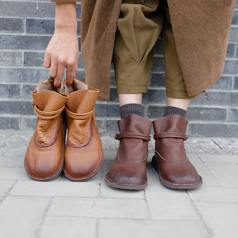 Retro Genuine Leather Soft Flat Boots For Women Round Toe Mori Girl Style Brown/Coffee