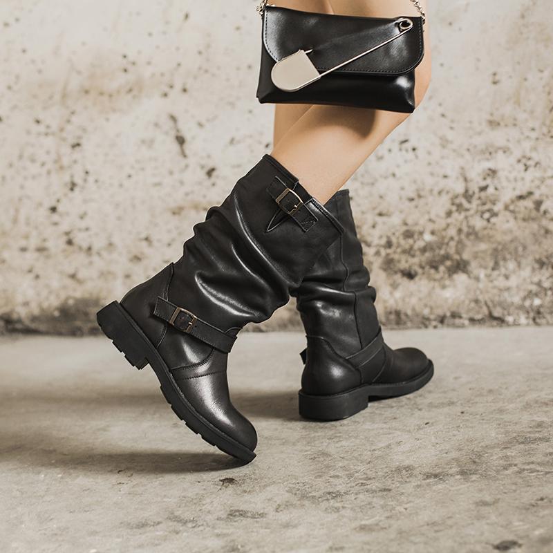 Waxing Leather Mid Calf Boots Fold Design Riding Boots Short Plush Lined Or Leather For Choice Apricot/Brown/Black
