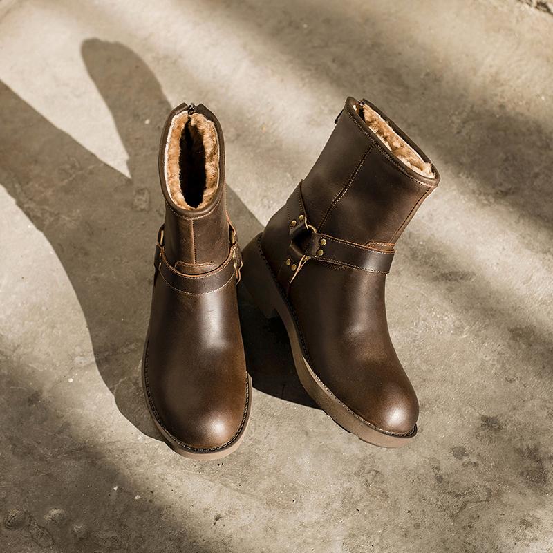 Waxing Leather Buckle Boots Handmade British Boots Fleece Lined Snow Boots Black/White/Coffee