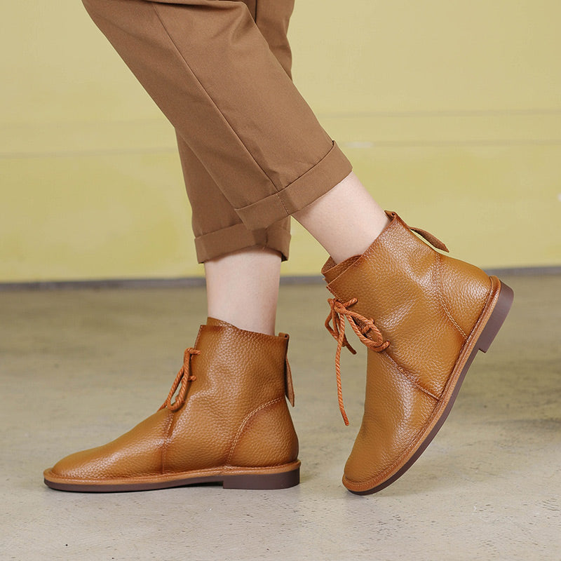 Handmade Women's Leather Booties Round Toe Lace-Up Flat Ankle Boots Brown/Black/Coffee